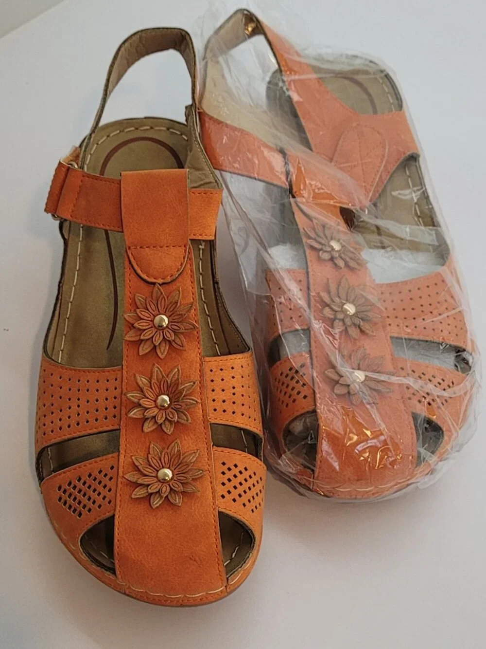 Orange Comfort Bed Women's Short Wedge Summer Sandals Size 11-12 New - Picture 6 of 7